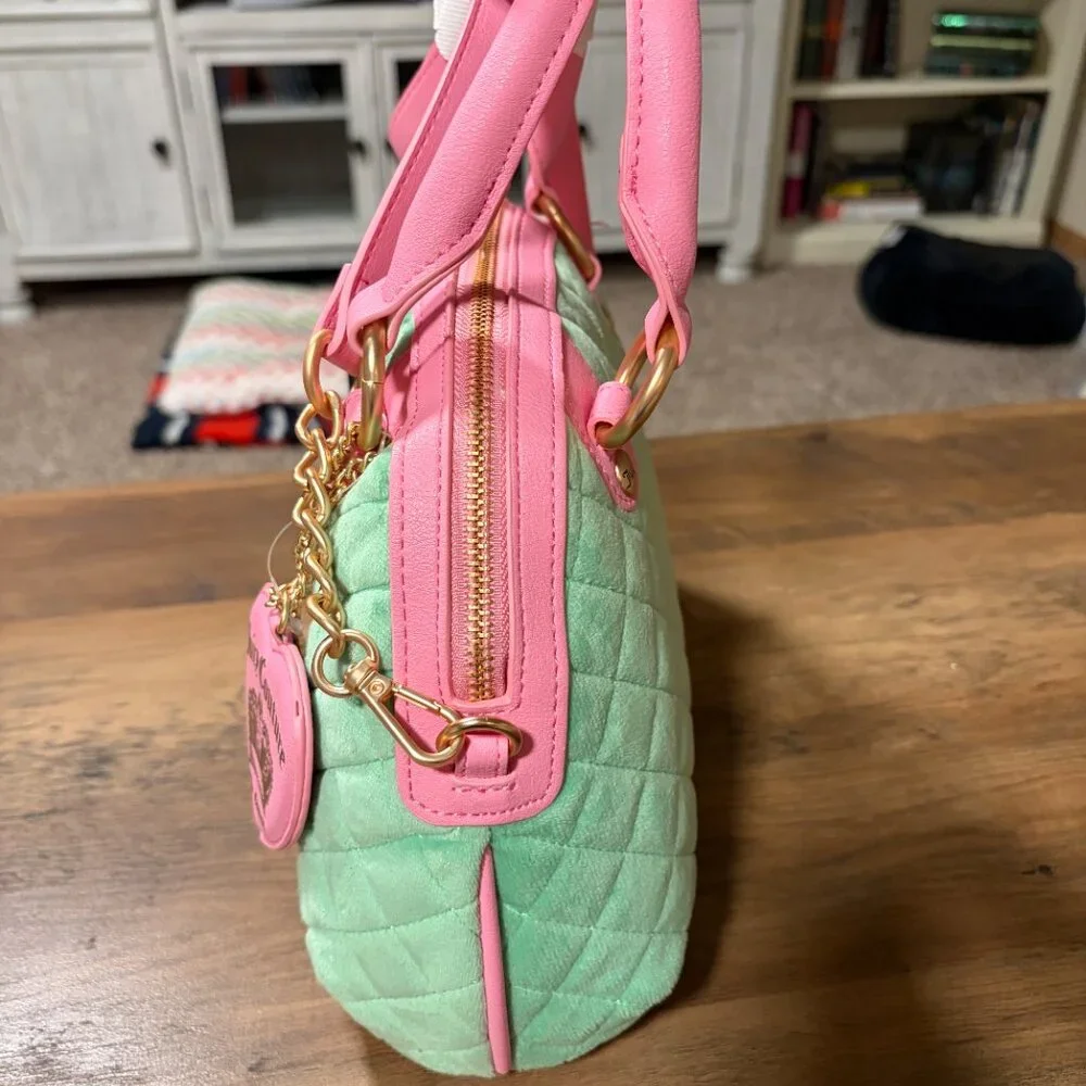 Juicy Couture Mint & Pink Quilted Satchel Bag with Heart Charm NWT